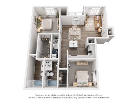 Floor plan for 2 beds, 2 baths, 1081 sqft